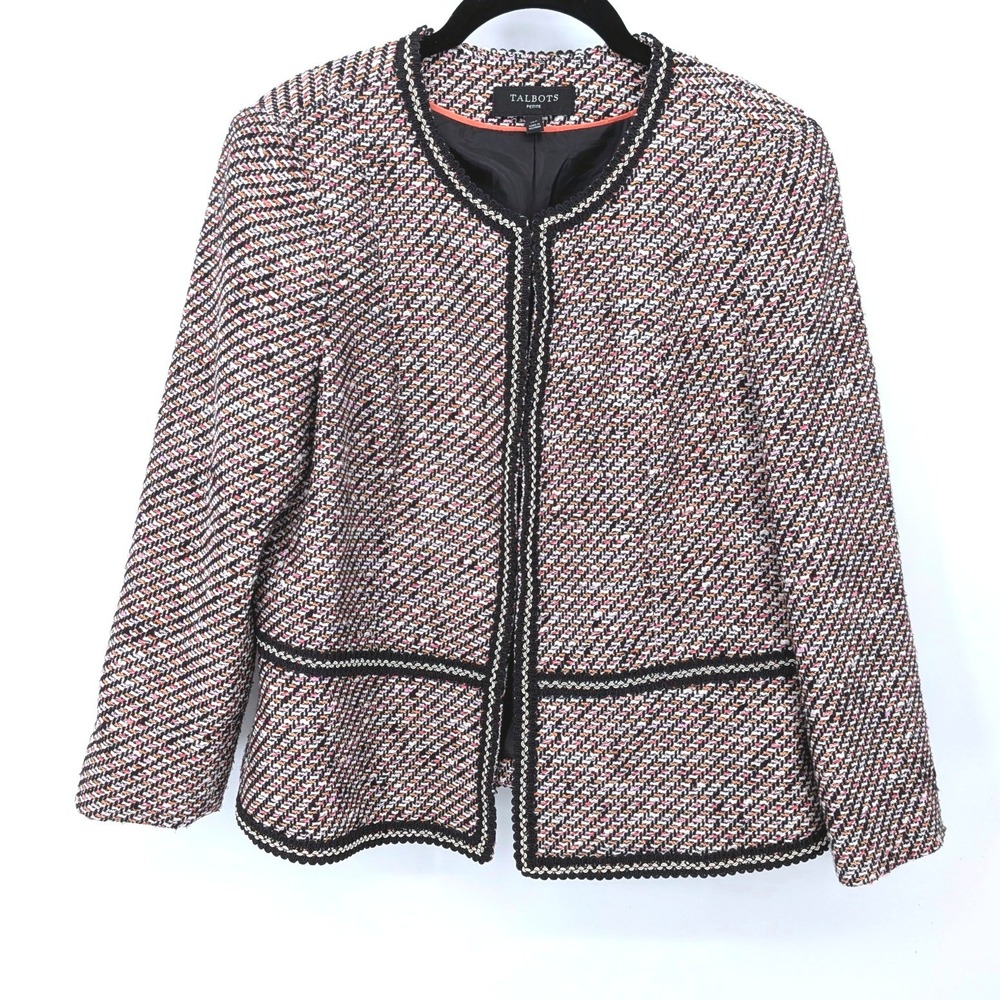 Talbots Blazer Petite 10P Multi Color Tweed Braided Hook & Eye Jacket Office